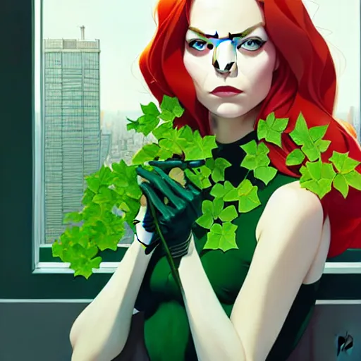 Image similar to joshua middleton, phil noto, artgerm, emma stone poison ivy, vines, symmetrical eyes, city rooftop