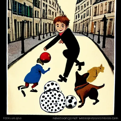 Image similar to book illustration of a french boy on the streets of paris playing football against a corgi, the dog is wearing a polka dot scarf, 1 9 6 6