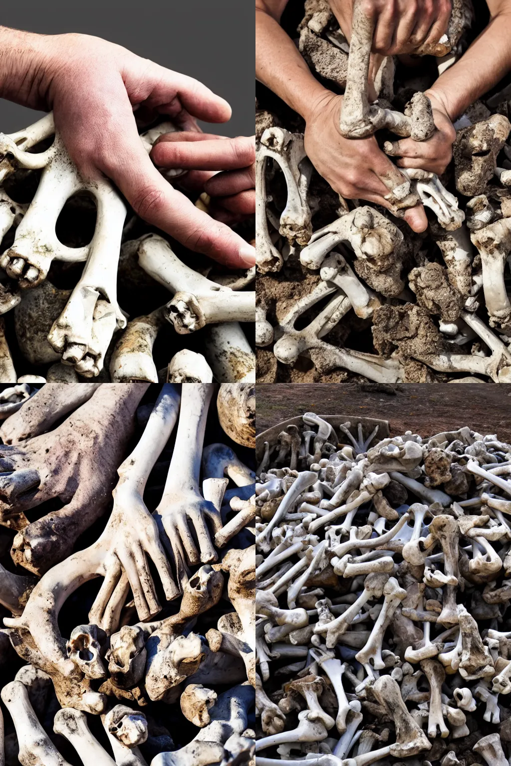 Prompt: a closed fist popping out of a huge pile of bones, 4k, high quality, ultra realistic