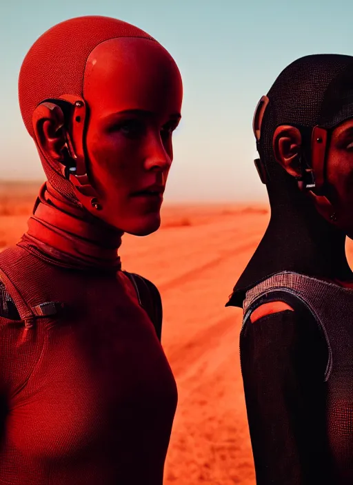 Image similar to cinestill 5 0 d photographic portrait by steve mccurry of two loving female androids wearing rugged black mesh techwear on a desolate plain with a red sky, extreme closeup, cyberpunk style, dust storm, 8 k, hd, high resolution, 3 5 mm, f / 3 2, ultra realistic faces, ex machina