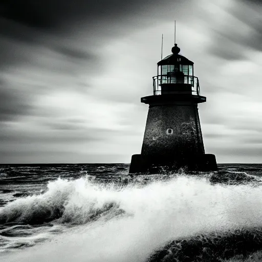 Prompt: a photo of a lighthouse in a storm at night. lonely, churning waves, splashing on lighthouse. warm lighting, long exposure