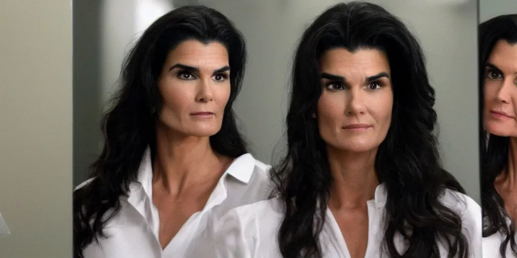 Image similar to ultra wide angle color photo of angie harmon dressed in a white blouse and black dress pants as jen walters looking at herself in a bathroom mirror and seeing her reflection as the green skinned she hulk