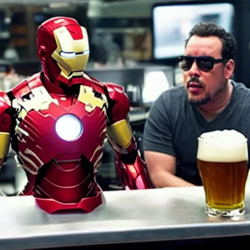 Prompt: iron man drinking a beer with jon favreau