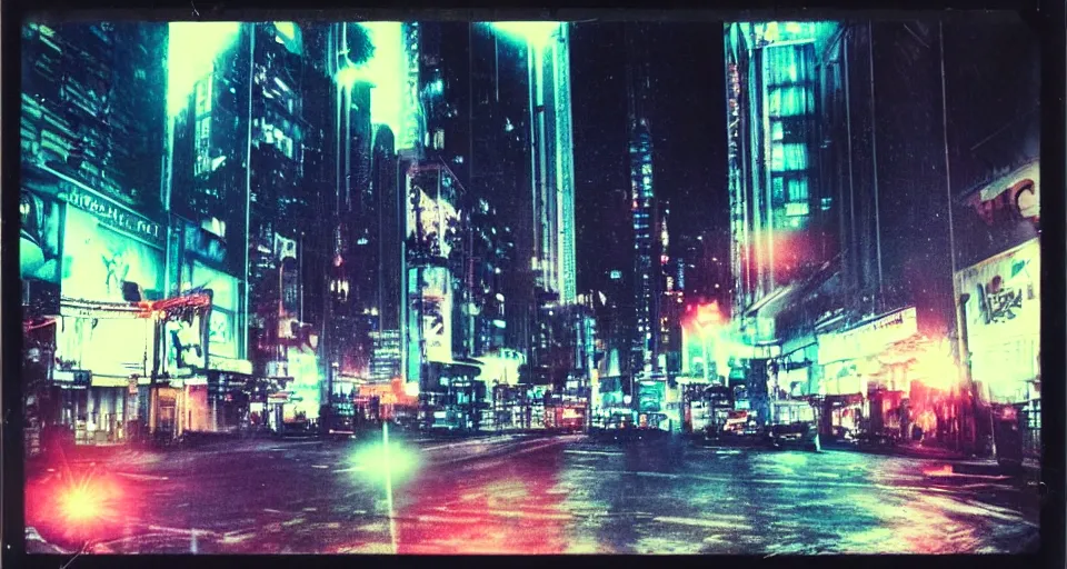 Prompt: polaroid photograph of a city street!! tall buildings!! night! laser lights, in the style of the video blade runner