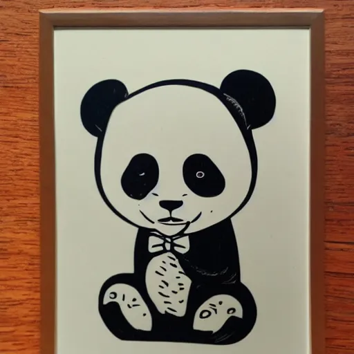 Image similar to panda in a suit, linocut