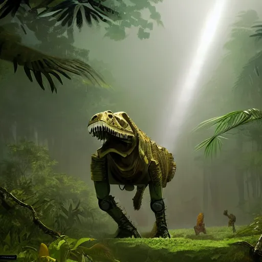 Prompt: a robot T-rex in a jungle, mist, god rays, concept art, artstation, 4k, beautiful