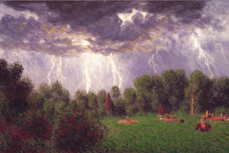 Image similar to a detailed illustration of a god ruining a picnic in the park, nightmare in the park, calamity, dark storms with lightning, ultrawide lens, aerial photography, natural disaster, 8 k, art by claude monet and andreas rocha and albert bierstadt