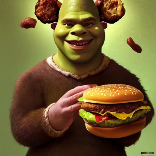 Image similar to portrait of shrek eating hamburgers, extra onions and ketchup, luscious patty with sesame seeds, feminine ethereal, handsome, d & d, fantasy, intricate, elegant, highly detailed, digital painting, artstation, concept art, matte, sharp focus, illustration, art by artgerm and greg rutkowski and alphonse mucha