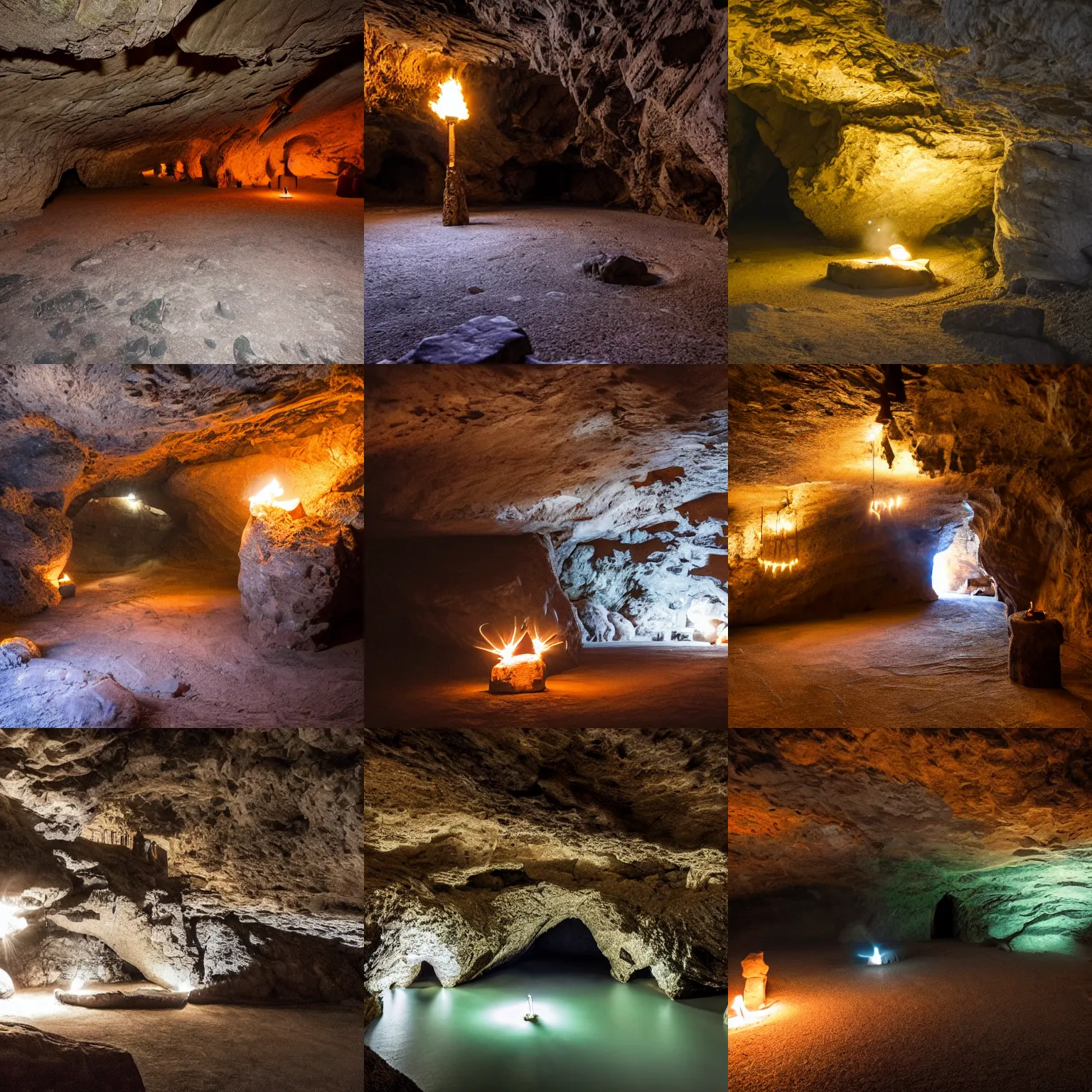 Prompt: a fighting stone-arena, inside a cave, with torches surrounding the area area, natural geography photography