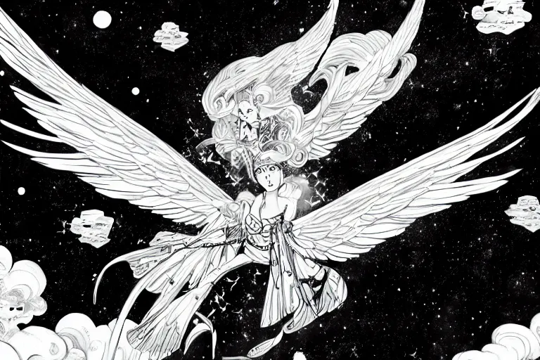 Prompt: angelic majestic winged lioness flying in outer space, stars dotted in background, black and white ink on paper, thick thick thick outlines, 8k high quality detailed manga art, trending on art station and cgsociety, super wide angle, octane, by Eiichiro Oda and Hokusai