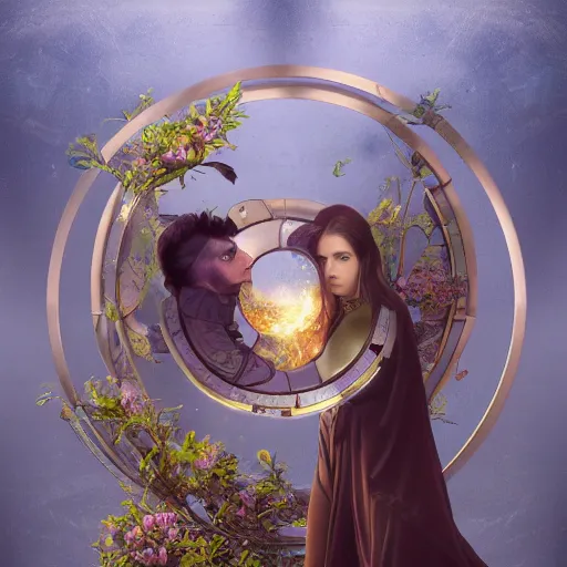 Image similar to a beautiful fine art RPG portrait photo of a mechanical industrial steampunk yin yang symbol, overgrown with morning glory flowers, montsera leaves by tom bagshaw and zach sutton, golden ratio composition, soft studio lighting, soft vignette, 50mm lens, very detailed, bionic, cybernetic scifi, deep depth of field, artstation, 8K