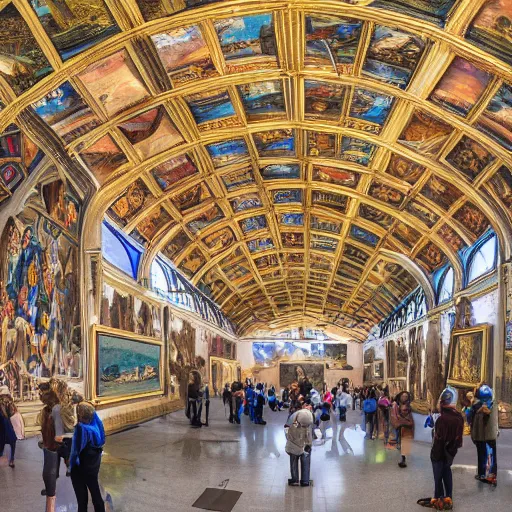 Image similar to a museum filled with incredible amazing giant beautiful murals on the walls and ceilings, unique architecture, multiple levels, tall ceilings, crowded with dozens of visitors, bright sunny day, digital painting, highly detailed, dynamic, 4k photo, realistic, gigapixel