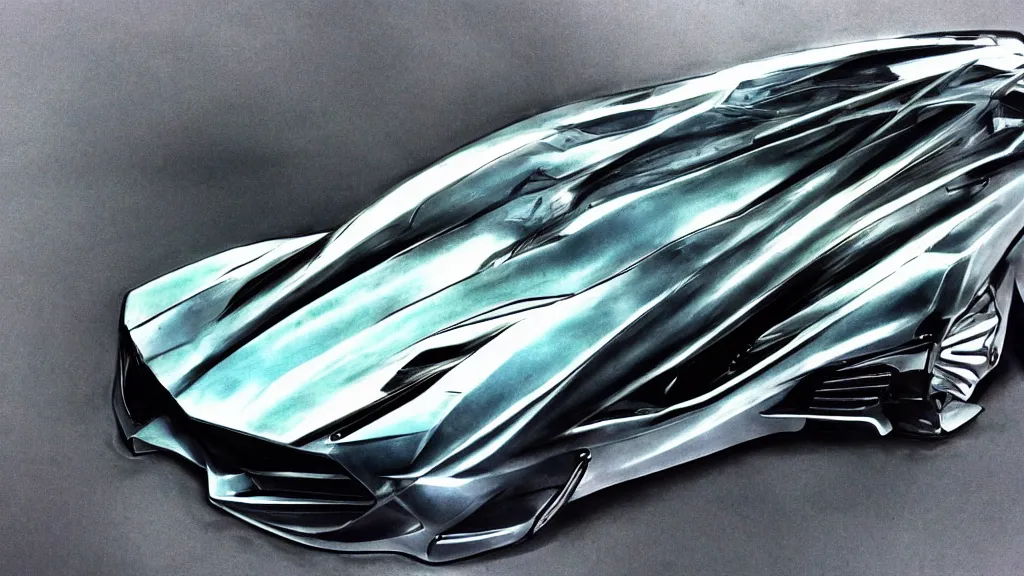 Image similar to modern, automotive design rendering, airbrush, markers, concept car, futuristic, aggressive styling, on ancient paper