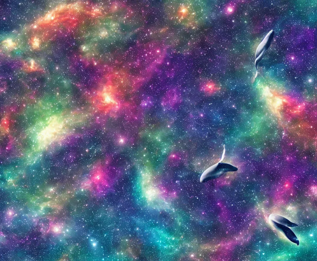 Image similar to whales swimming in space, colorful galaxy