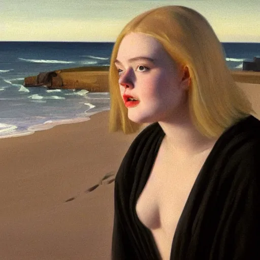 Image similar to obese and ugly Elle Fanning in a black robe holding a skull on the beach, head and shoulders portrait, stormy weather, extremely detailed masterpiece, Roger Deakin’s cinematography, oil on canvas, Edward Hopper,