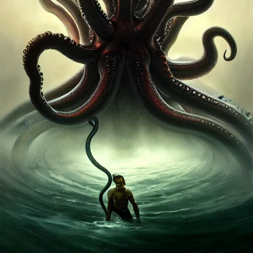 Image similar to a dream fantasy painting of a man trapped by a tentacles of a giant octopus in the deep of the ocean, by beksinki, giger, greg rutkowski, carne griffith trending on artstation, deviantart, photorealism