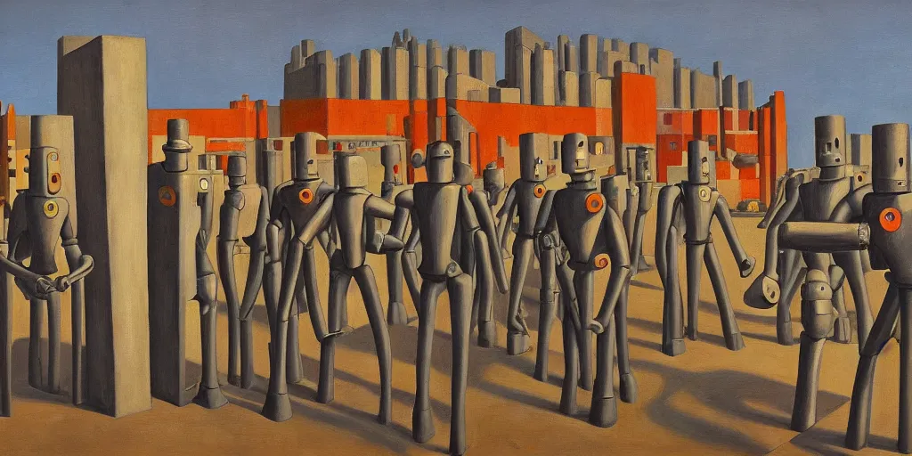 Image similar to formation of robots guarding a brutalist fortress, evil visages, dystopian, pj crook, edward hopper, oil on canvas