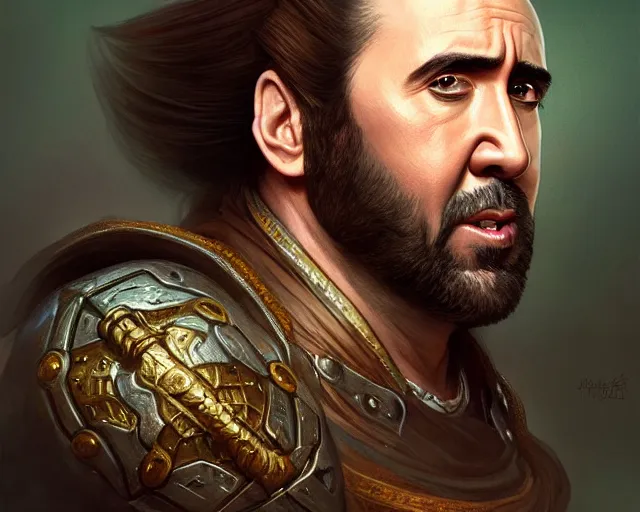 Prompt: if nicolas cage was a halfling from d & d, deep focus, d & d, fantasy, intricate, elegant, highly detailed, digital painting, artstation, concept art, matte, sharp focus, illustration, hearthstone, art by artgerm and greg rutkowski and alphonse mucha