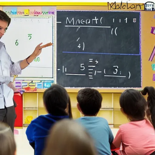 Image similar to realistic photo of a teacher explaining maths to elementary school students