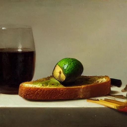 Image similar to still life by willem claesz heda, avocado toast, money