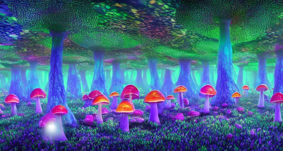 Image similar to A hyperrealistic photo of a kaleidoscopic psychedelic mushroom forest, with glowing mushrooms, and pixies, 8k, ultra detailed, volumetric lighting, 70mm