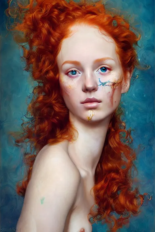 Image similar to hyper realistic painting portrait of a redhead girl with flowing curls and closed eyes, her skin is like gold and turquoise background, hyper detailed face by stjepan sejic, norman rockwell, michael hussar, roberto ferri and ruan jia