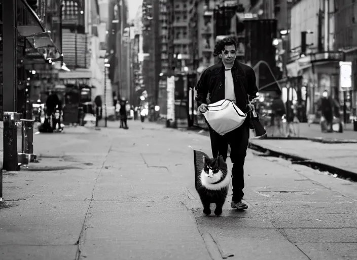 Prompt: photography of a Cat being carried in an half open backpack . in a new york street. award winning photo, led lighting, night, 130mm, sharp, high res