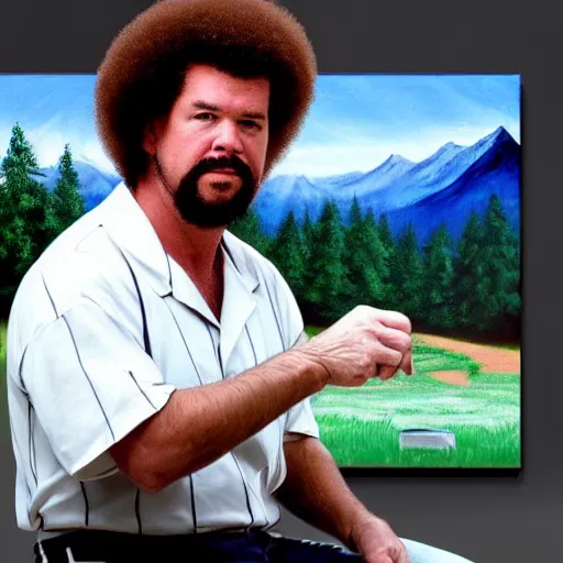 Image similar to a closeup photorealistic photograph of bob ross painting an image of kenny powers pitching a baseball on a canvas. mountains and trees. film still. brightly lit scene. this 4 k hd image is trending on artstation, featured on behance, well - rendered, extra crisp, features intricate detail, epic composition and the style of unreal engine.