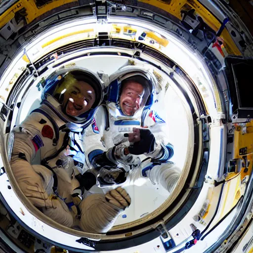 Prompt: two astronauts looking down at the camera, fish-eye lens, 15mm