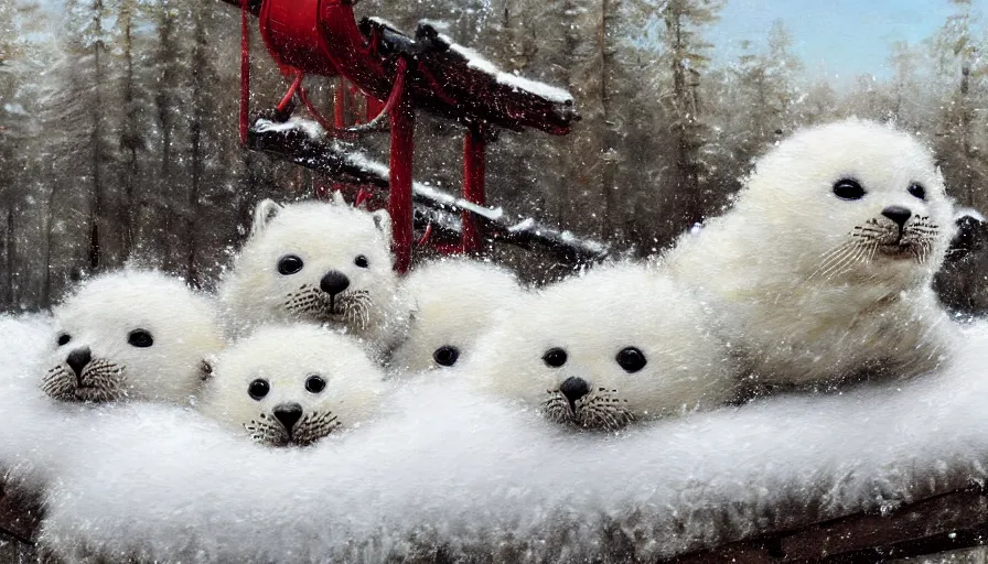 Prompt: highly detailed closeup painting of cute furry white baby seals inside a snowy adventure park climbing frame by william turner, by greg rutkowski, by william constable, thick brush strokes and visible paint layers, 4 k resolution