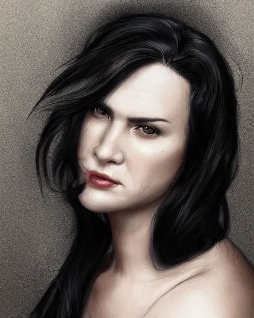 Image similar to portrait of a tall 4 0 - year - old woman with thin lips, long, lush unkempt black hair, and thick eyebrows, wearing in black clothes, hyper realistic face, beautiful eyes, character art, art by mark brooks, hyperdetailed, cryengine, trending on artstation, digital art