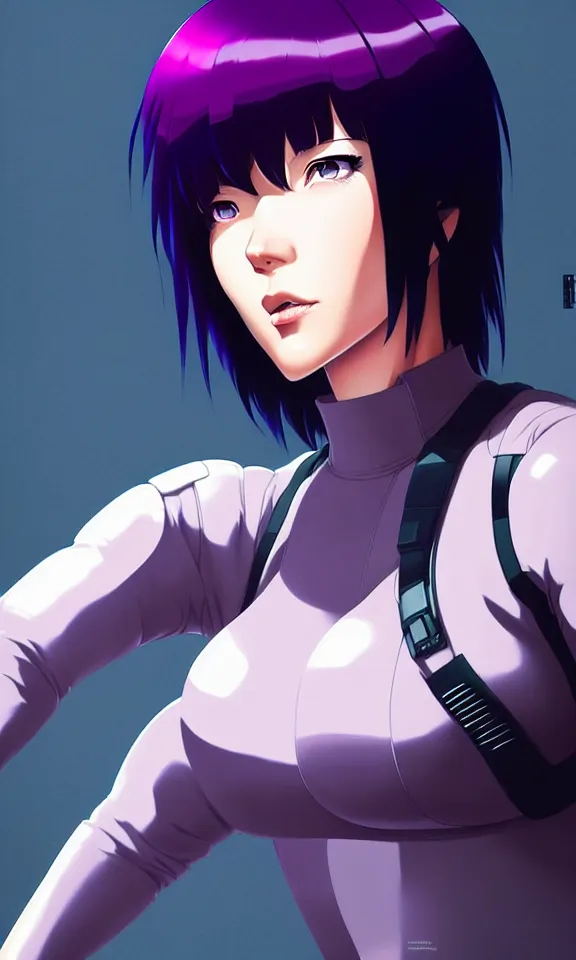 Image similar to a fullbody portrait of motoko kusanagi the major ghost in the shell : : stand alone complex, under repairs, maintenance : : by ilya kuvshinov, rossdraws, artgerm, sola digital arts, anti aliasing, raytracing : :