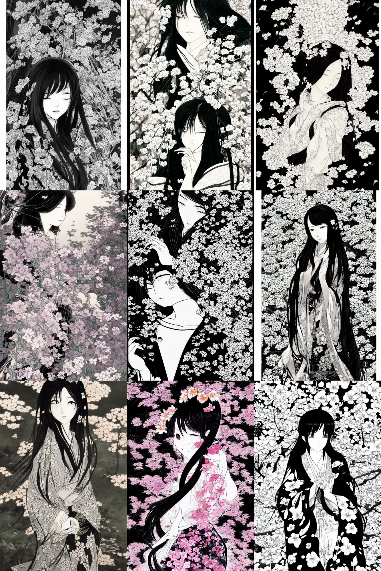 Prompt: a vertical portrait of a character in a scenic environment by Yoshitaka Amano, flower background, kimono, black and white, dreamy, wavy long black hair, highly detailed