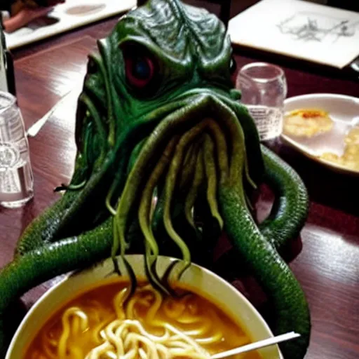 Image similar to Cthulhu monster using its tentacle sitting at table eating ramen