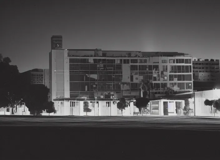 Image similar to a building seen from a dark parking lot in los angeles at night. 1 9 9 0 urban photography