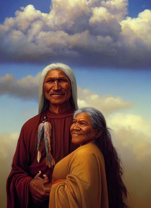 Image similar to portrait of an indigenous grandfather and grandmother in the clouds, smiling, protection, benevolence, ancestors, art by christophe vacher