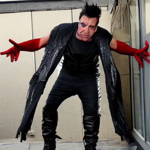 Image similar to till lindemann in costume of spider man