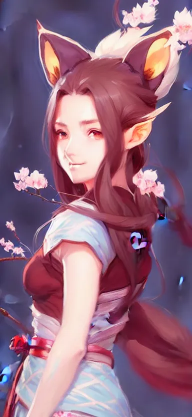 Image similar to a league of legends concept art of a cute girl with fox ears wearing kimono at a sakura tree, art by cushart krentz and greg rutkowski, 8 k resolution, high quality, highly detailed, long hair, fantasy style, empty background, illustration, hyperrealism, octane render, commission art, trending on artstation, pinterest