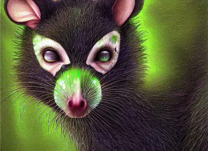 Image similar to face portrait of a anthro green zombie opossum fursona with long dark hair. Ruined stormy city. Glorious sun beams, intricate, elegant, highly detailed, digital painting, short focus, illustration, Allan Lee, John Howe