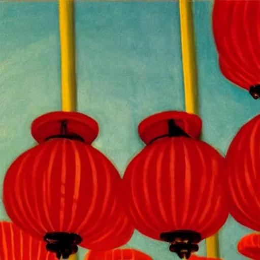 Prompt: night club, five red chinese lanterns, people's silhouettes close up, minimalism, by edward hopper