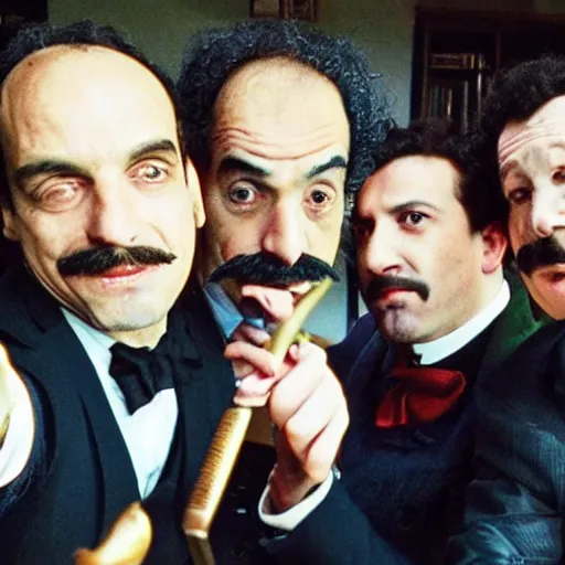 Prompt: Adrian Monk, Sherlock Holmes, and Hercule Poirot take a group selfie - n 9