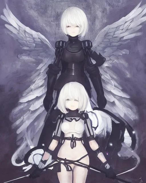 Prompt: hybrid nierautomata painting, ambient lighting peaceful dream, angel relief, cute - fine - face, infinitely detailed architectures