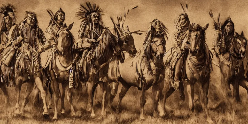 Prompt: realistic portrait of native americans with horses, golden, 1 4 5 0, ink, ultra realistic, 8 k