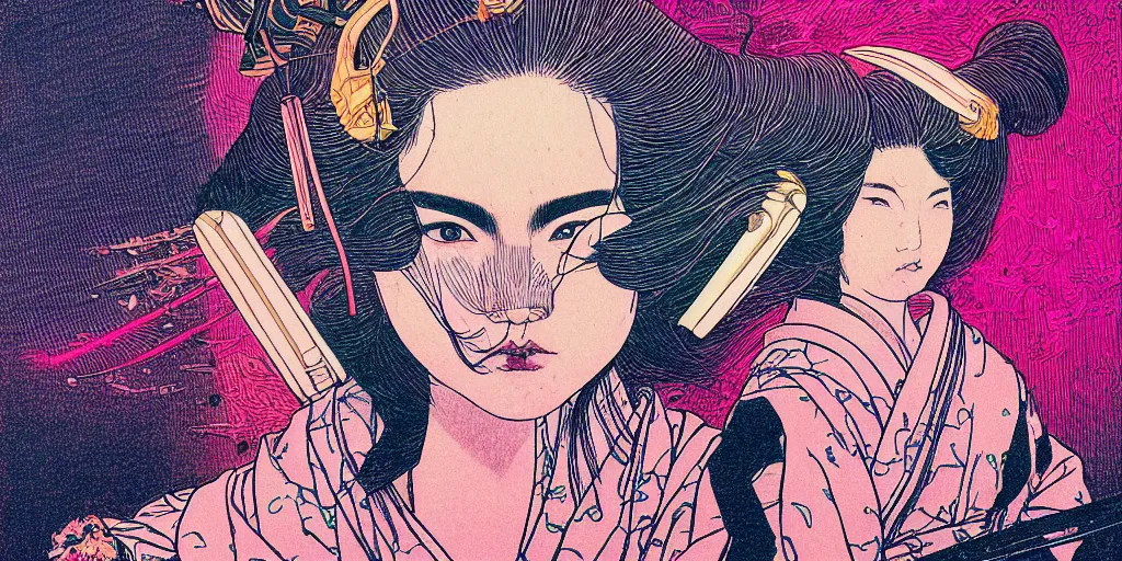 Image similar to a close - up grainy, risograph drawing, hyper light drigter, neon colors, a big porcelain glossy geisha head, with long hair, floating above the sharp peaks weapons, style by moebius and kim jung gi