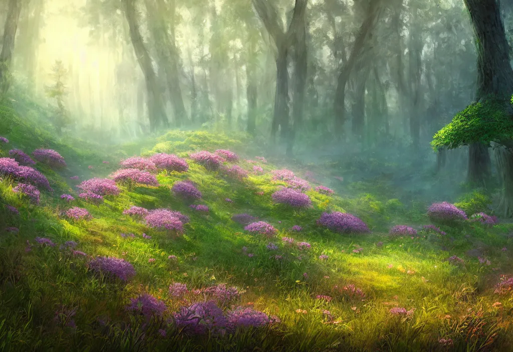 Prompt: a flowering meadow a forest behind it, no purple, epic alien fantasy, detailed, intricate, digital painting, concept art, realistic, smooth, focus, rim light