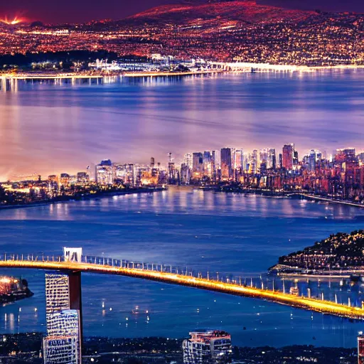 Image similar to two modern cities at night separated by a bay reflecting a red moon, connected by two bridges