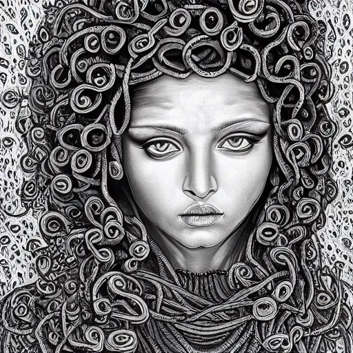 Prompt: symmetrical highly intricate, detailed portrait painting of medusa by greg rutowski