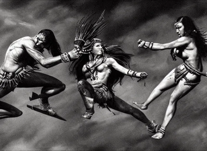 Image similar to movie, ancient Battlefield, beautiful aztec warrior females fight in air, epic, vintage, black and white, Boris vallejo, sepia, apocalypto