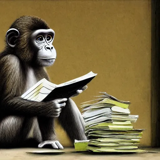 Prompt: a monkey doing his taxes art by banksy, 8 k, high definition, extremely detailed, photo - realistic