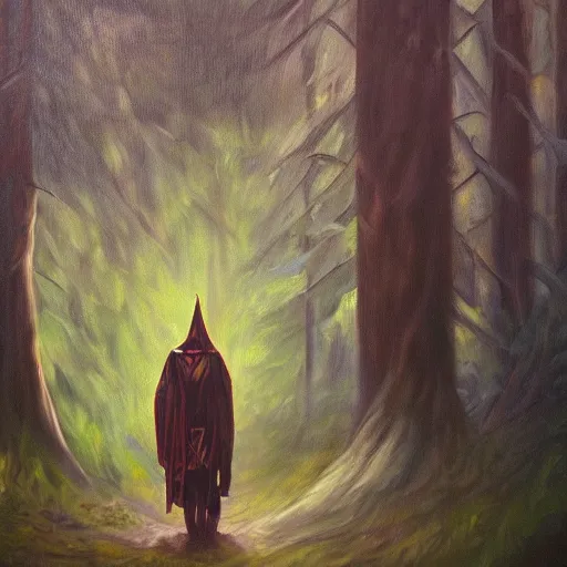 Image similar to warlock in the forest, realistic oil painting, dark light